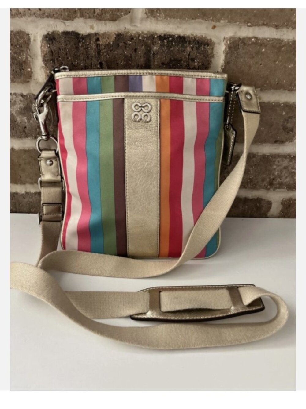 COACH Vintage Legacy Striped Crossbody Purse Metallic Gold Leather Trim